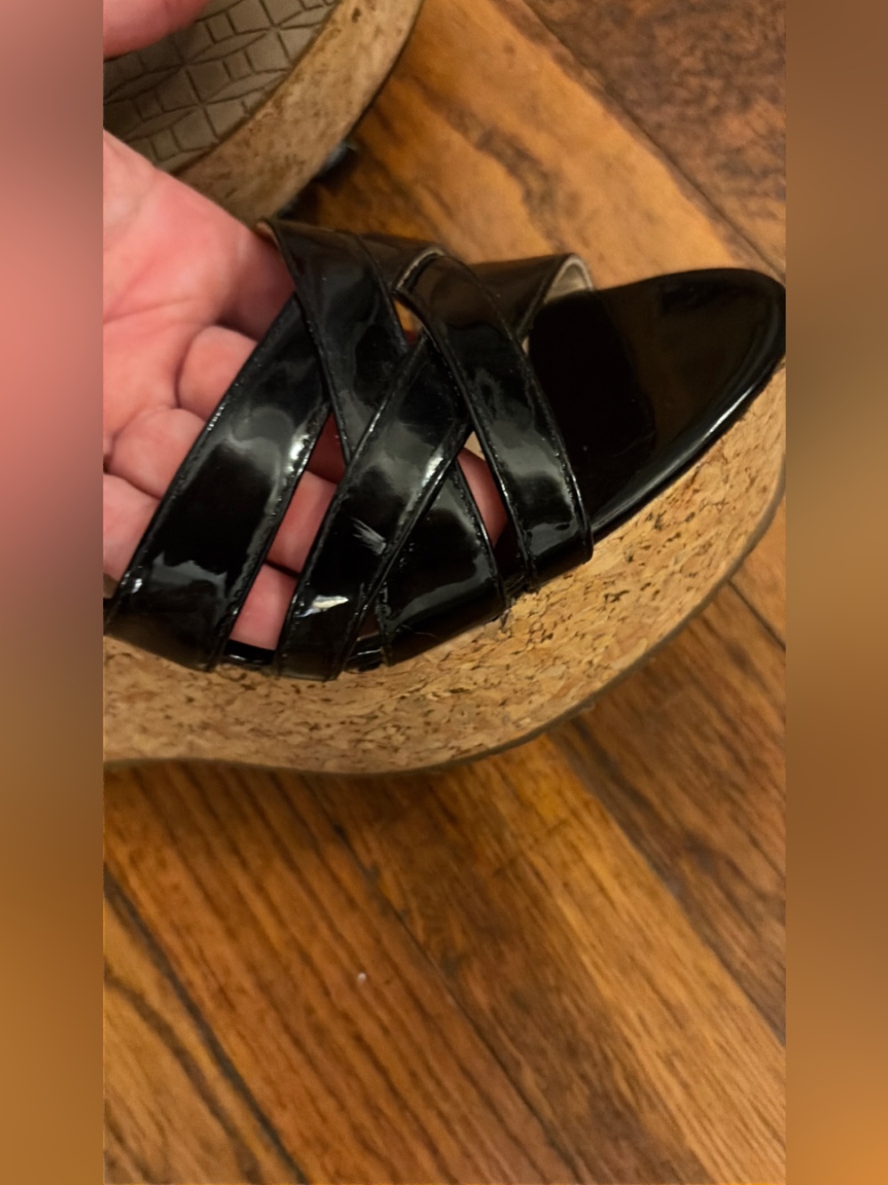 KATE SPADE Women’s Black Patent Cork Wedge slide Sandal 8.5 platform sexy! - Picture 6 of 17